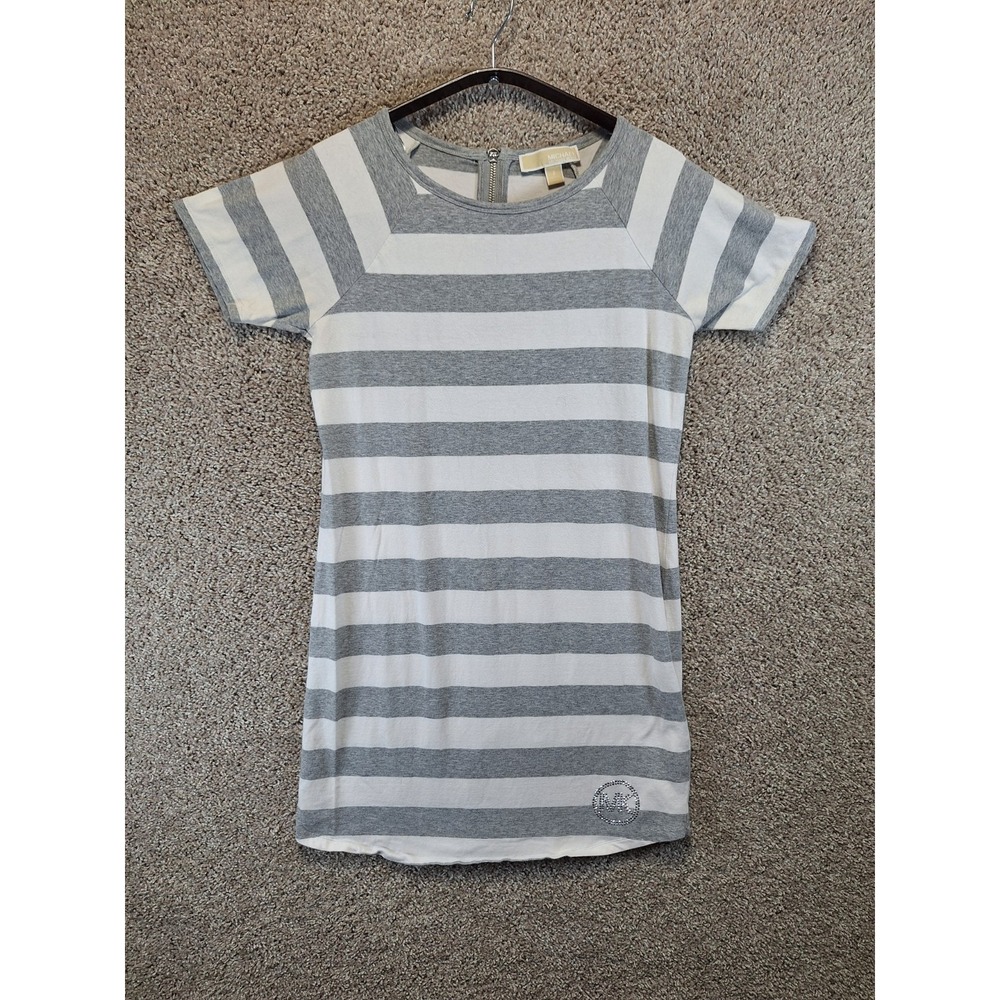 Michael Kors T-Shirt Dress Womens Small White Gray Striped Rhinestone Logo Patch